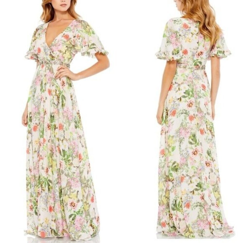 Mac Duggal Floral Chiffon Flutter Short Sleeve Gown Maxi Size 10 NWT bead defect